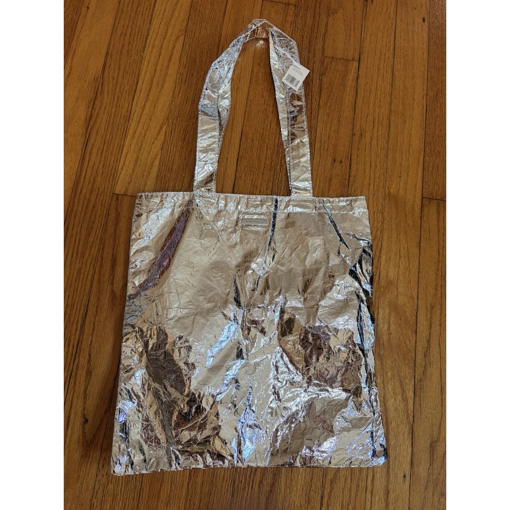 Tory Burch Sublime Nylon Lined Tote Travel Bag - Metallic Silver Foil NEW 14"